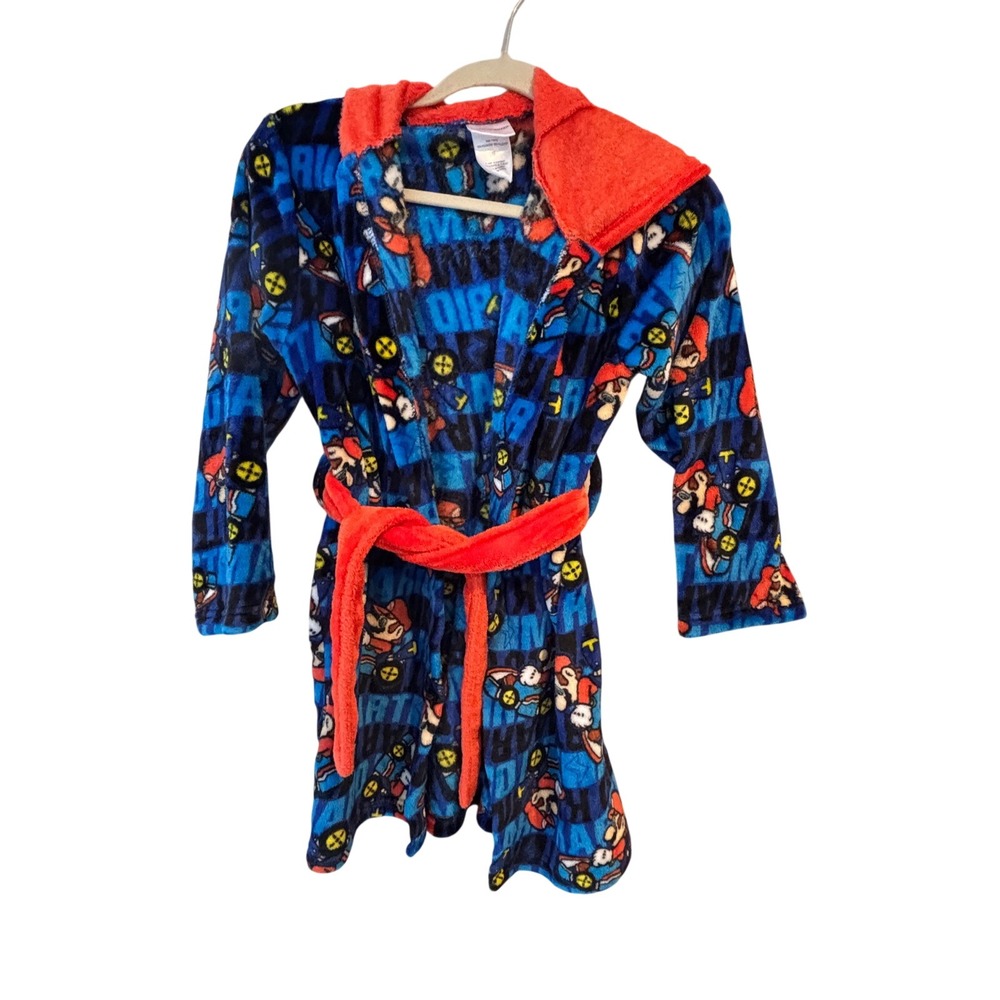 Nintendo Super Mario Kart Boys Blue Red Fleece Hooded Bathrobe Sleepwear Robe